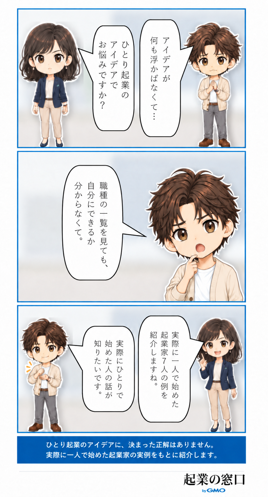 ひとり起業のアイデアが浮かばず悩む相談者に、案内役が実際に一人で始めた起業家7人の例を紹介すると伝える場面