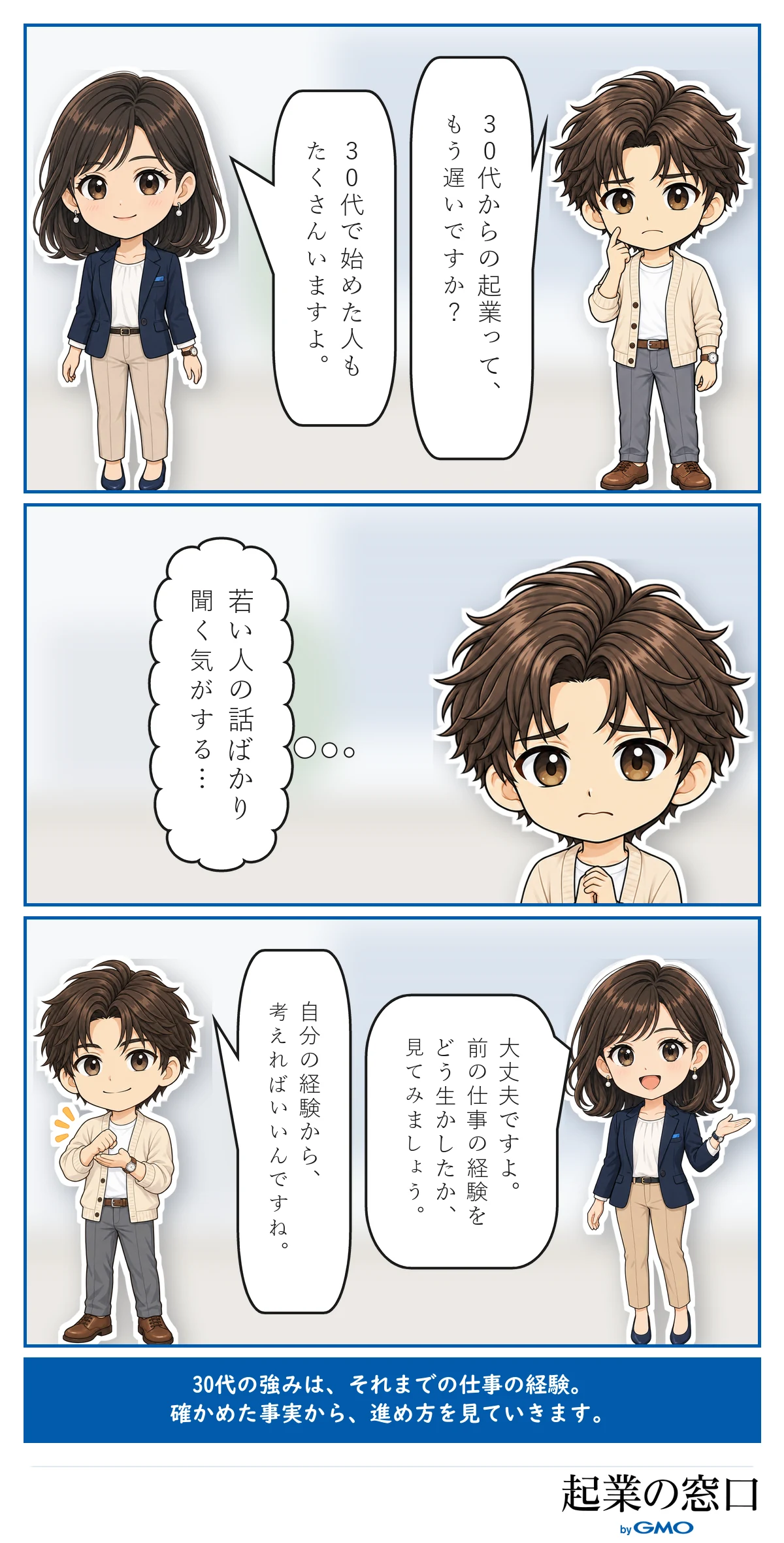 30代からの起業は遅いのかと不安な相談者に、案内役が、30代で始めた人も多く、前の仕事の経験をどう生かしたかを見ればよいと伝える3コマ