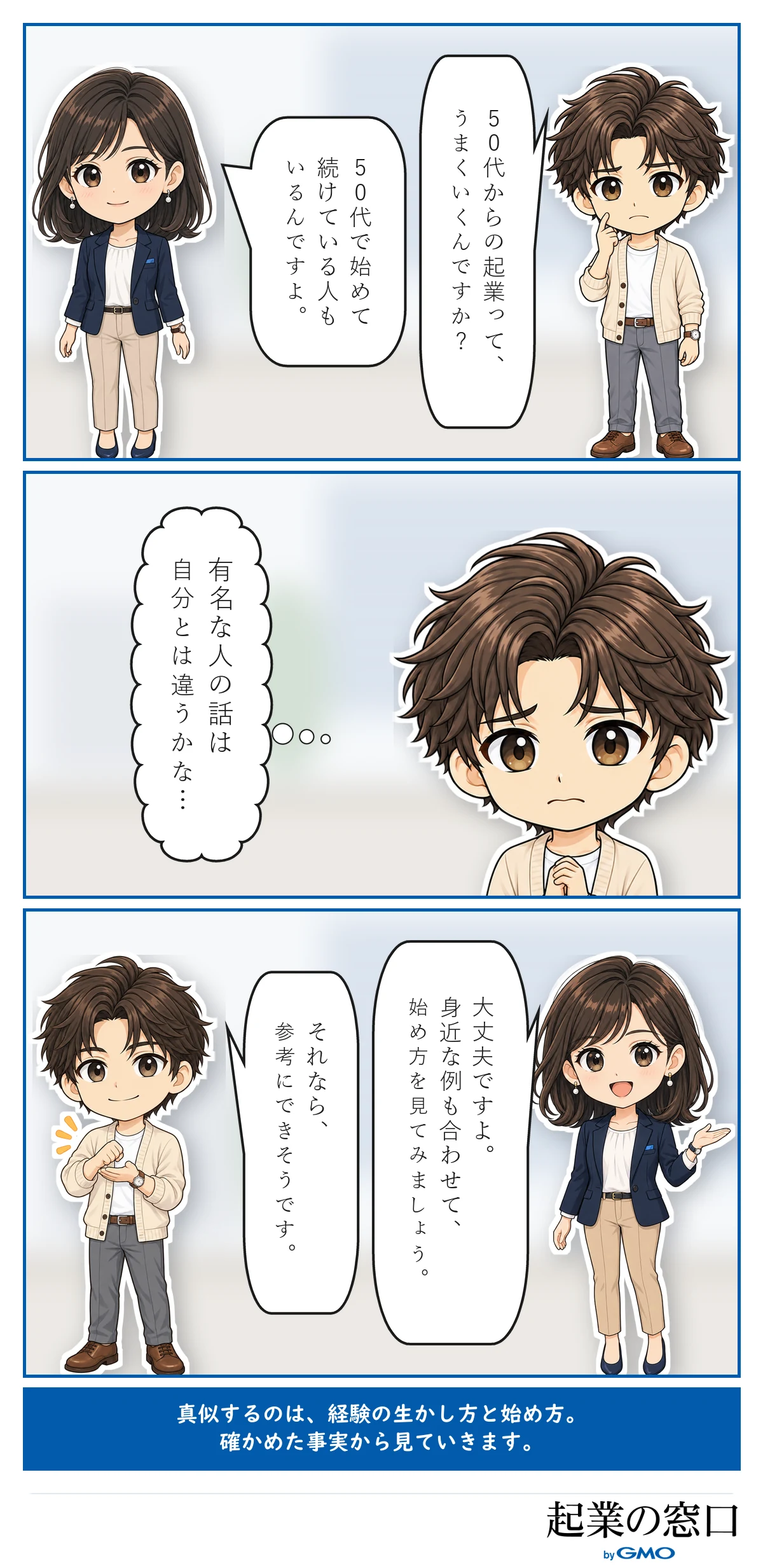 50代からの起業はうまくいくのかと不安な相談者に、案内役が、50代で始めて続けている人の身近な例から始め方を見ようと伝える3コマ