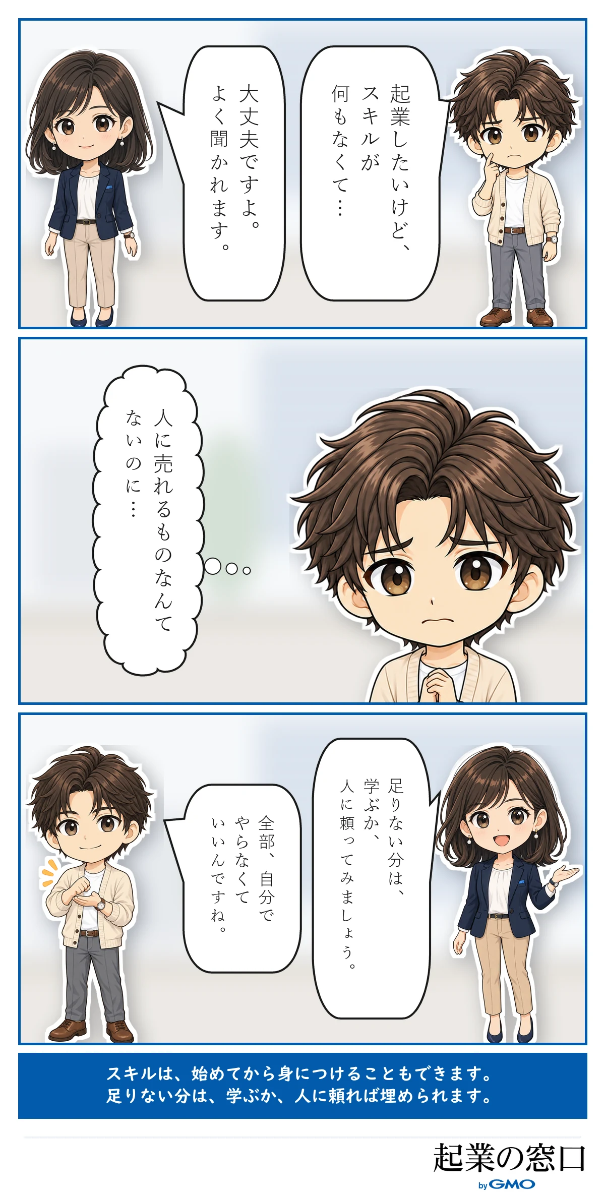 スキルが何もないと悩む相談者に、案内役が、足りない分は学ぶか人に頼ればよいと伝え、相談者が全部自分でやらなくてよいと気づく3コマ漫画