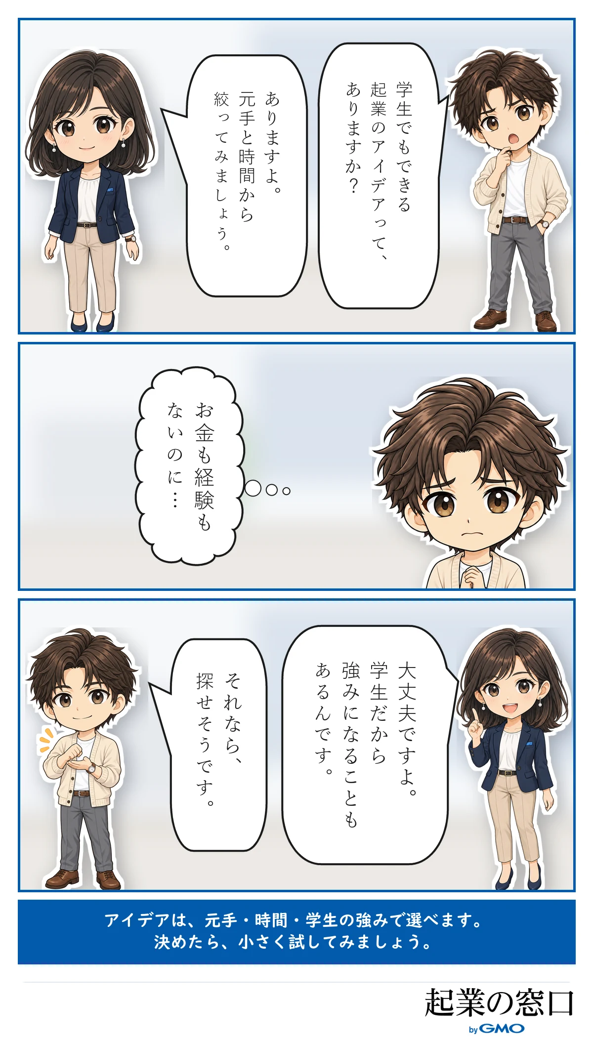 お金も経験もないと不安な相談者に、案内役が元手と時間から絞れば学生の強みを生かしたアイデアが見つかると伝える3コマ